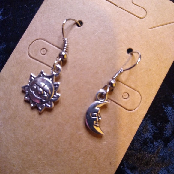 Handcrafted Sun & Moon Theme Hook Earrings Silver Tone - Picture 2 of 3